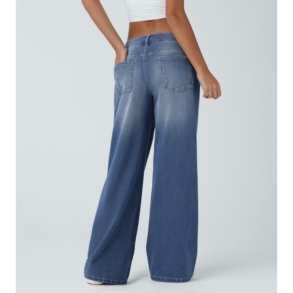 Halara Flex Asymmetric Low Rise Zipper Pockets Baggy Wide Leg Jeans Blue XS - Picture 2 of 9